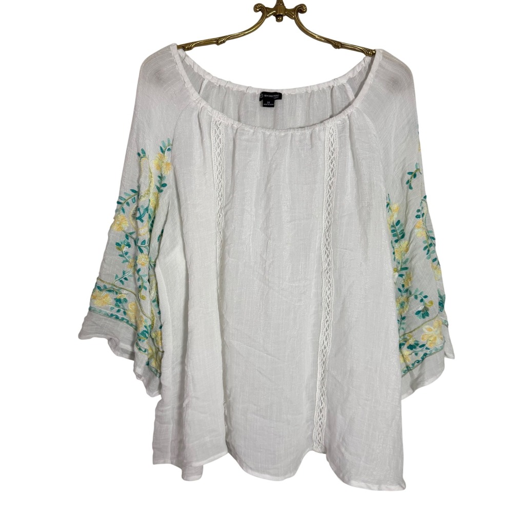 New Directions Curvy White Embroidered Boho Peasant Blouse 2X Floral Crochet